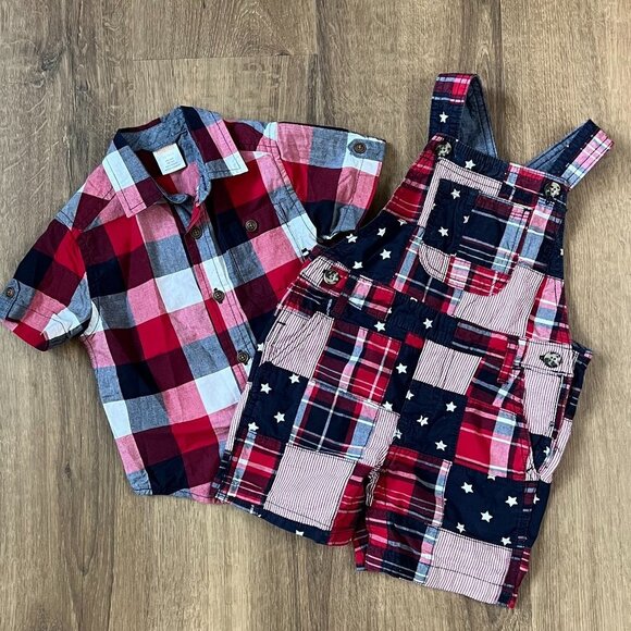 Gymboree Madras Shortalls & Plaid Button Down Shirt American Patriotic Sz 12-18 - Picture 1 of 12